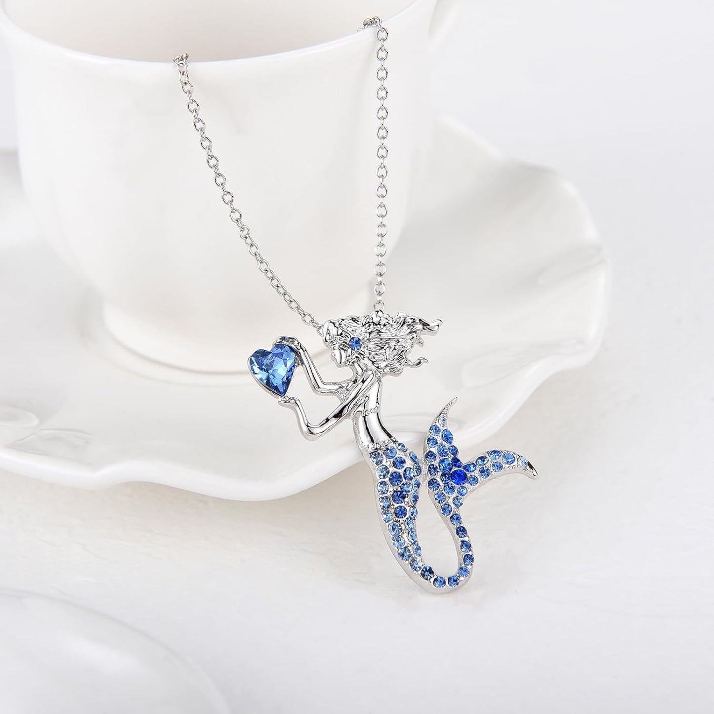 Fashion Mermaid Birthstone Necklace Jewelry White Gold Plated Austrian Crystal Pendant Gift for Girls Women