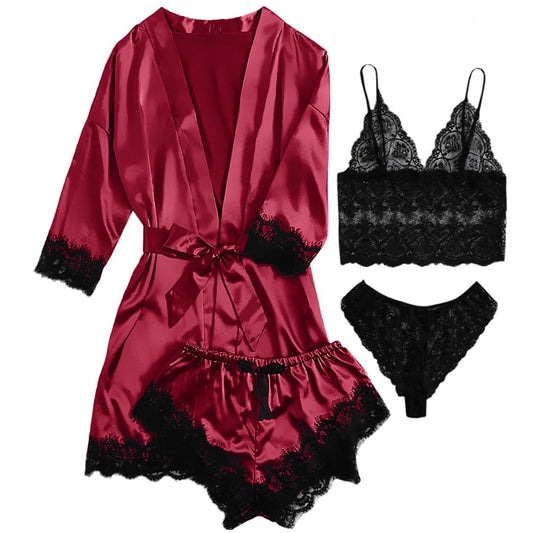 Sexy Lingerie,  Silk Satin Pajamas for Women, Womens Summer Pajamas Pjs Sets of 4 Pcs with Floral Lace Top Shorts and Robe, Gift for Women, Black, XXL